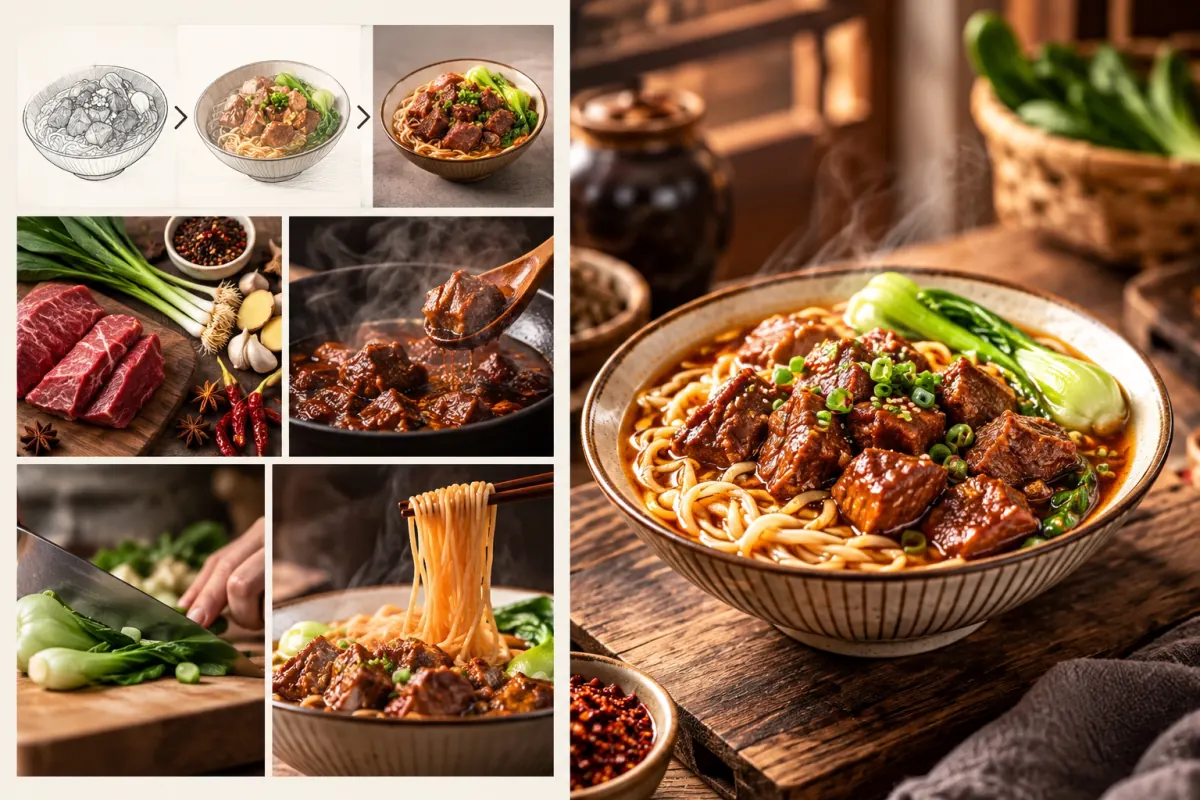 红烧牛肉面从创意草图、食材、烹饪到商业成片的视觉方案