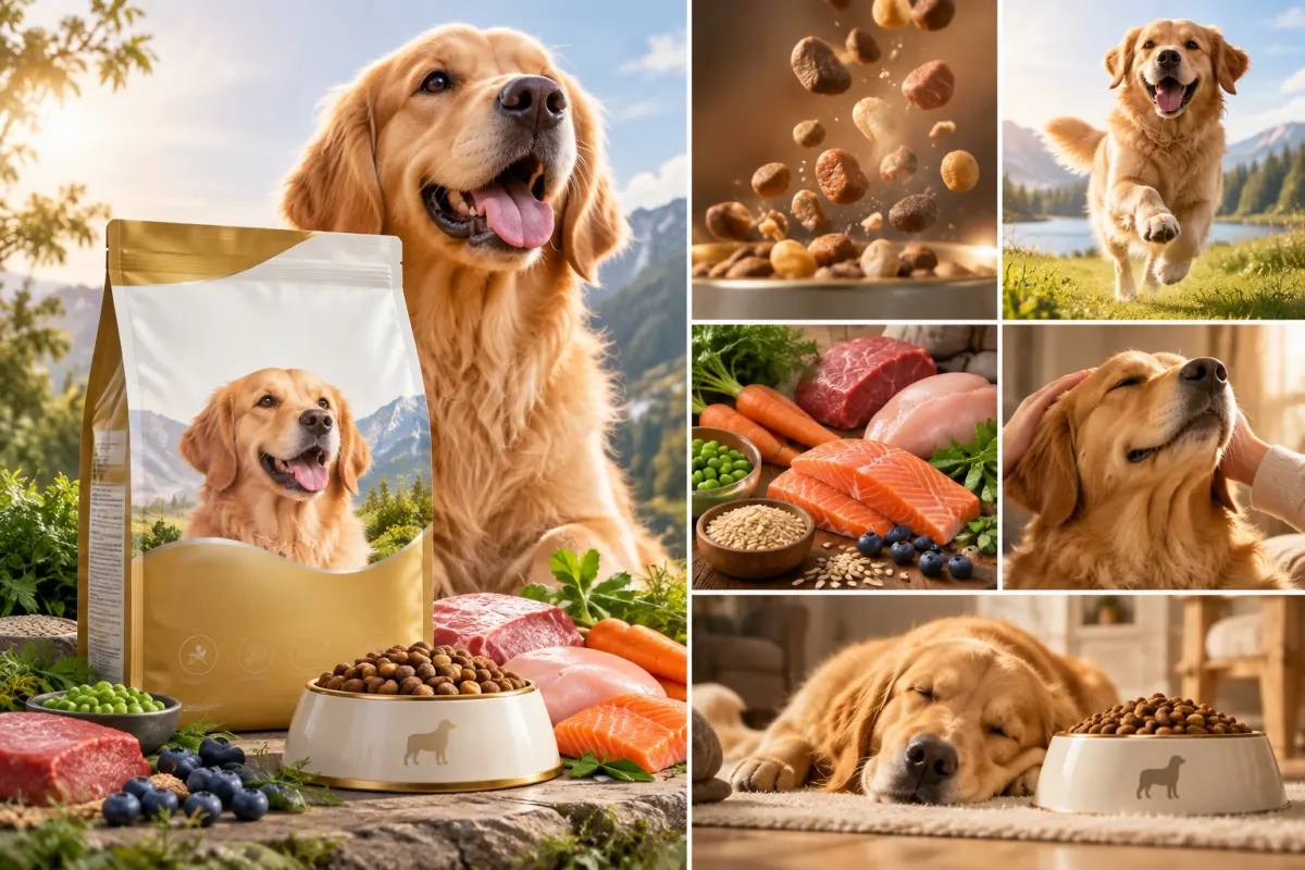 金毛犬、宠物食品、食材和生活场景组成的宠物消费品牌视觉