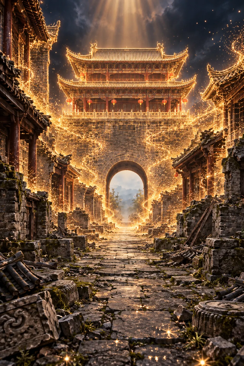 金色粒子复原古代城市的过程